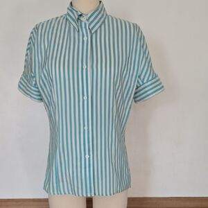 Vintage Genny, Italy Silk Blue and White Striped Button-Up Shirt Sz 46, 12, M/L